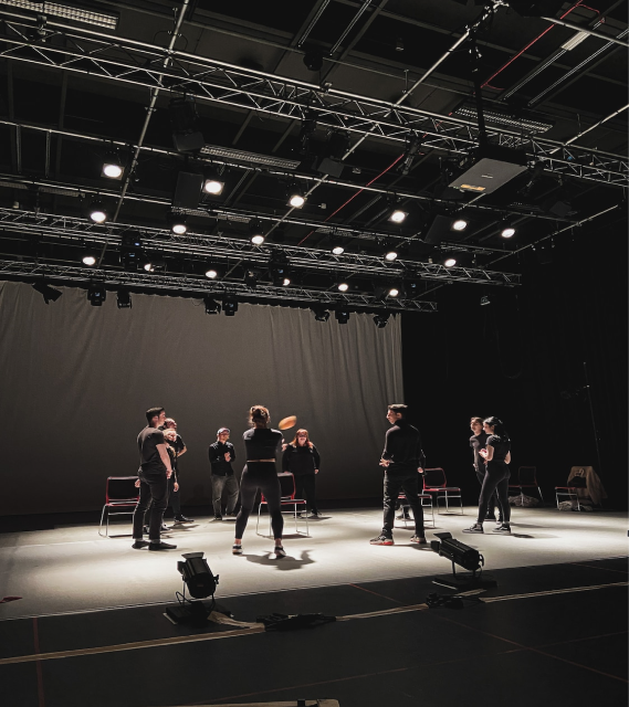Students rehearsing on the SHINZ School of Creativity studio stage